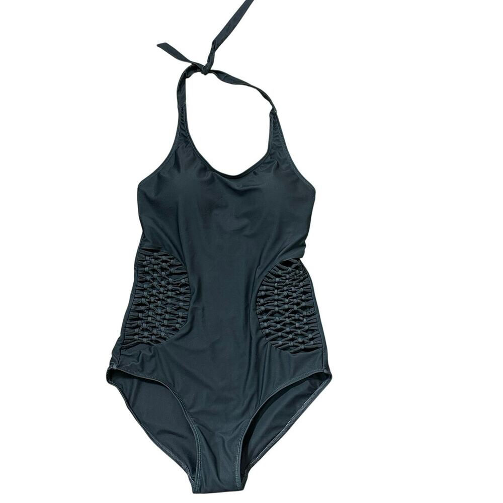 NWT Pines & Palms One-Piece Swimsuit Women's Medium Gray Lattice Detail Halter
